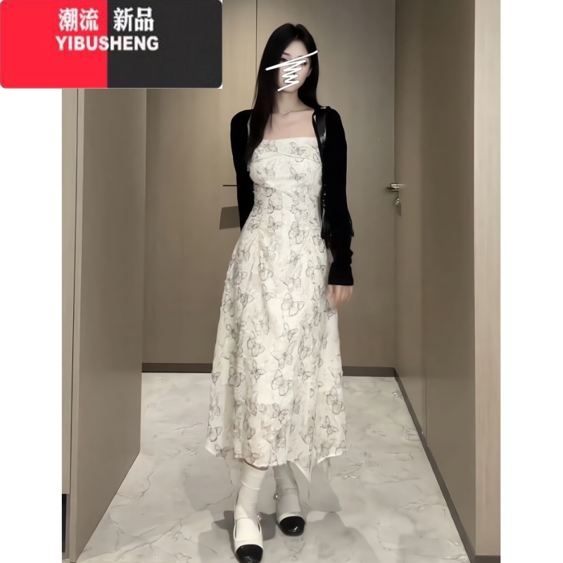 YIBUSHENG法式气质长裙女2春新款韩系收腰显瘦设计感蝴蝶碎花吊带连衣裙