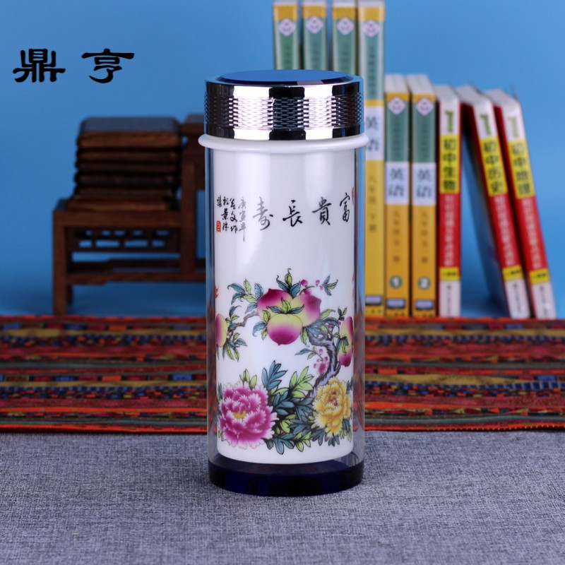 鼎亨500ml景德镇陶瓷保温杯双层内胆男女养生便携带盖水晶大茶杯