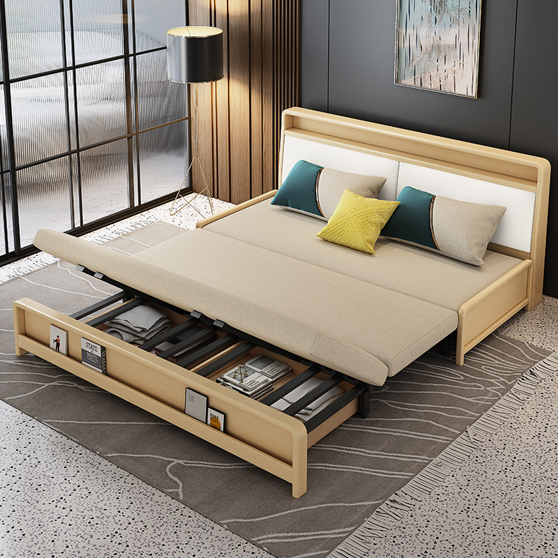 福喜人间实木沙发床两用可折叠储物简约小户型多功能现代客厅双人布艺