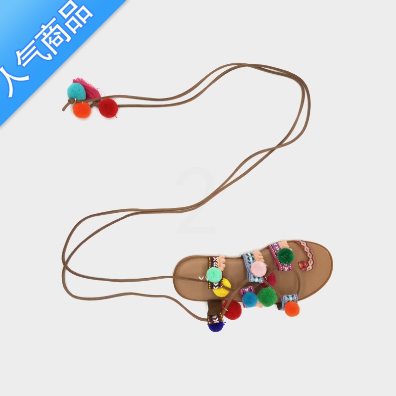 SUNTEK交叉绑带流苏彩色毛球球平底罗马凉鞋女民族风波西米亚套趾沙滩球高清大图