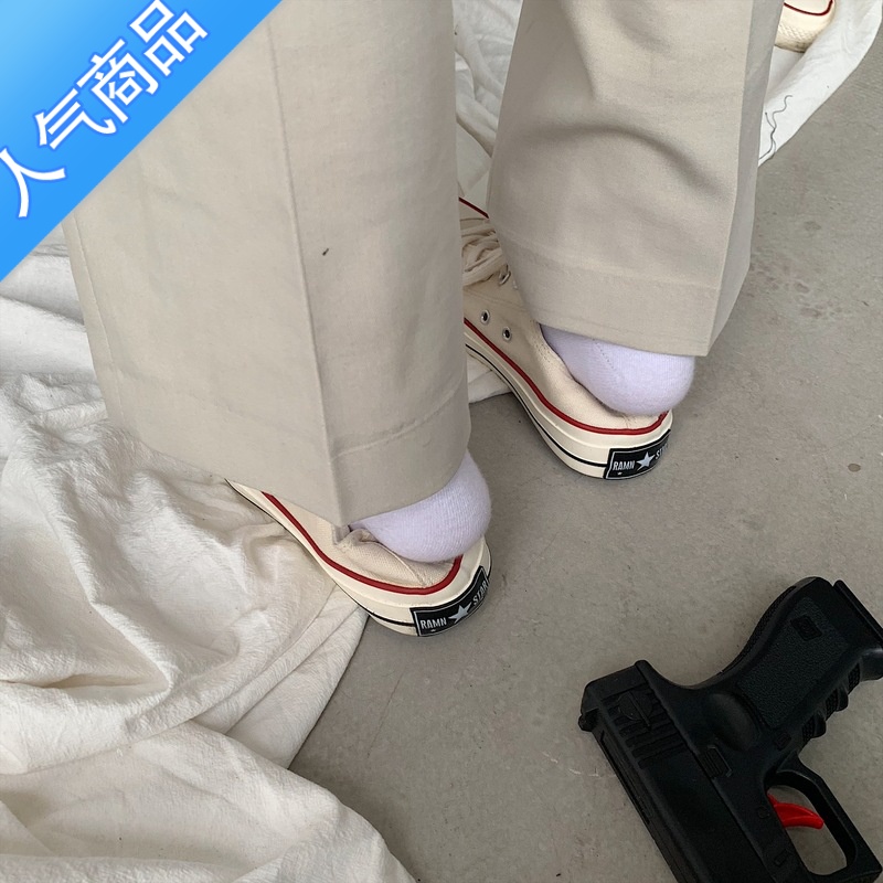 SUNTEK 韩国ins街拍万年经典百搭复古复刻米色高帮帆布鞋女高清大图