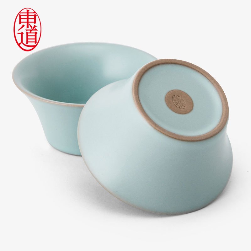 东道 汝窑 陶瓷青瓷套装茶具 晨香侧杯组 爆款 一碗五杯 开片可养 天青色