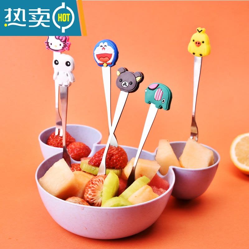 敬平宝宝水果叉子小不锈钢安全创意可爱卡通家用儿童水果叉水果签果插 D款卡通水果叉6个+4个水果盘(送收纳盒)图片