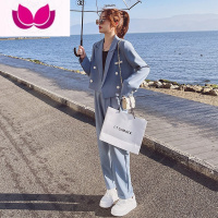 七斓2023新款女装套装炸街西服阔腿裤套洋气网红气质西装外气 S 蓝色
