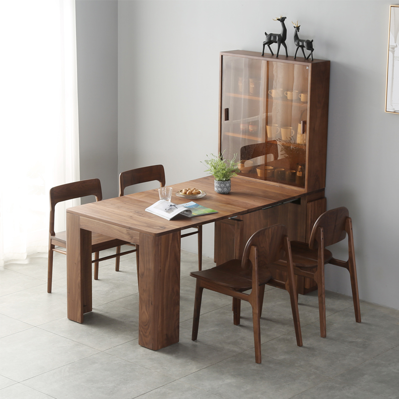 北美黑胡桃木伸缩餐桌简约现代多功能小户型餐边柜组合折叠餐桌定制