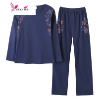 鱼篓(FISH BASKET)秋季新款女士长袖睡衣女中老年棉加大码休闲中年服套装