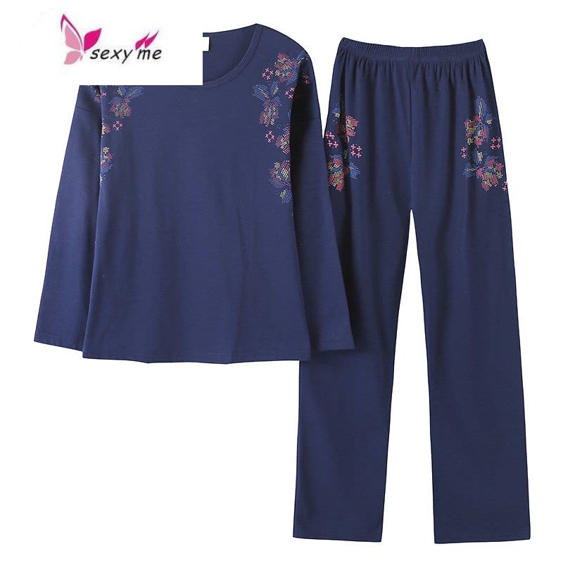 鱼篓(FISH BASKET)秋季新款女士长袖睡衣女中老年棉加大码休闲中年服套装图片