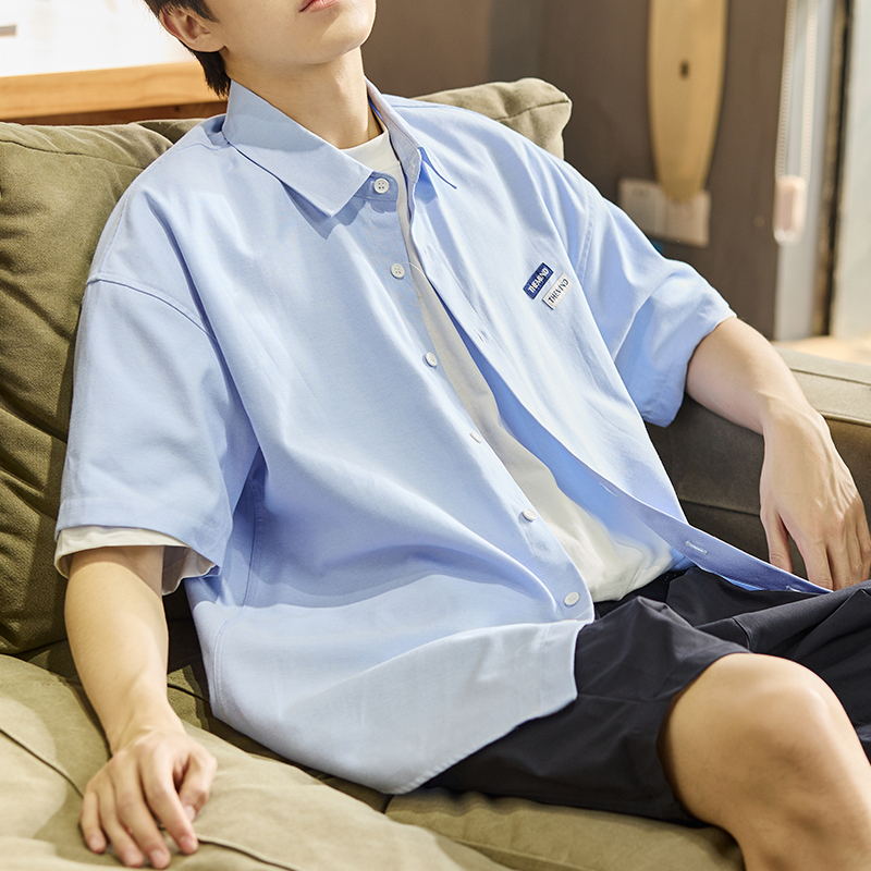 [2.5折价70元]唐狮夏季新款短袖衬衫男纯色系百搭港风休闲宽松日系衬衣男士外套