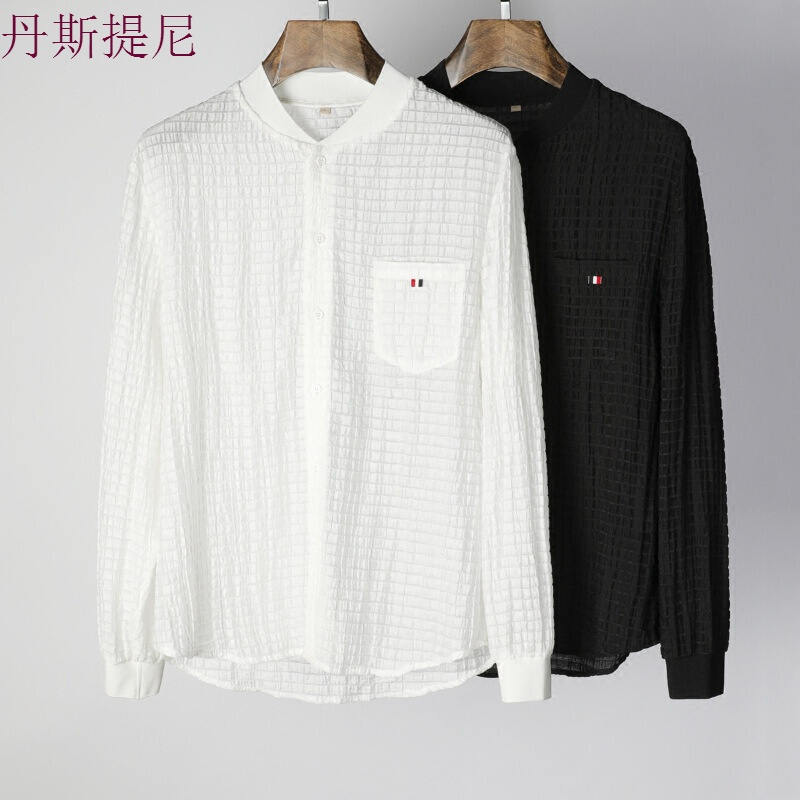 2018新款007天丝般顺滑做皱面料时尚衬衫舒适透气修身男士长袖衬衣男
