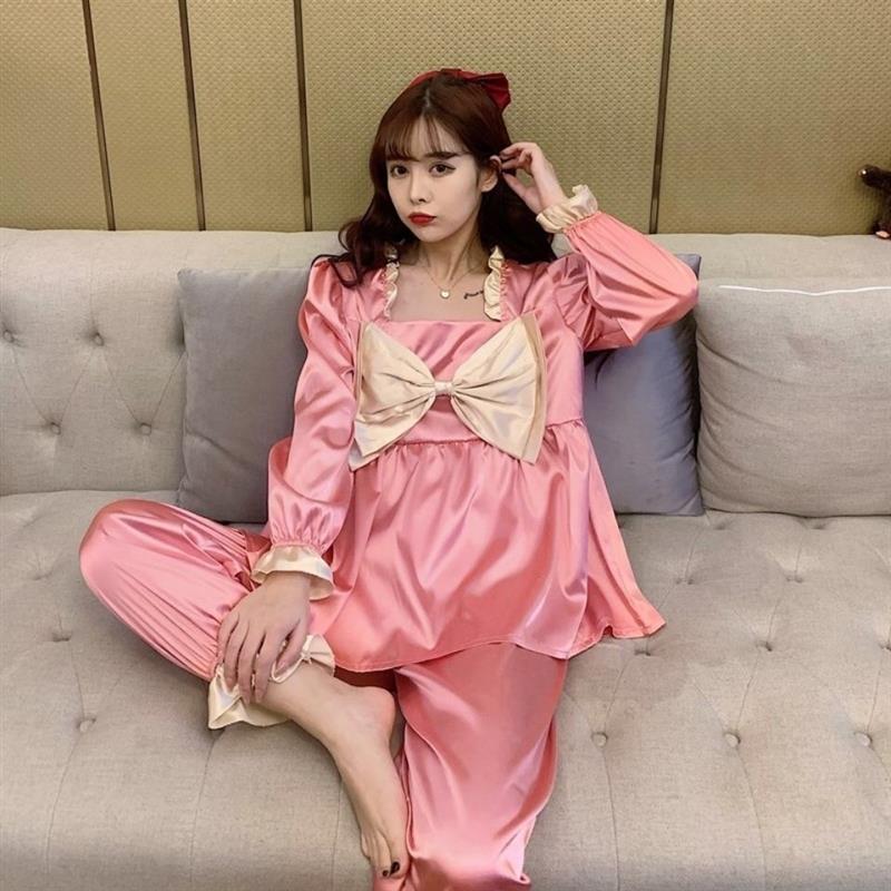 春秋冰丝立体大蝴蝶结睡衣女仿真丝洋气甜美少女长袖可外穿家居服