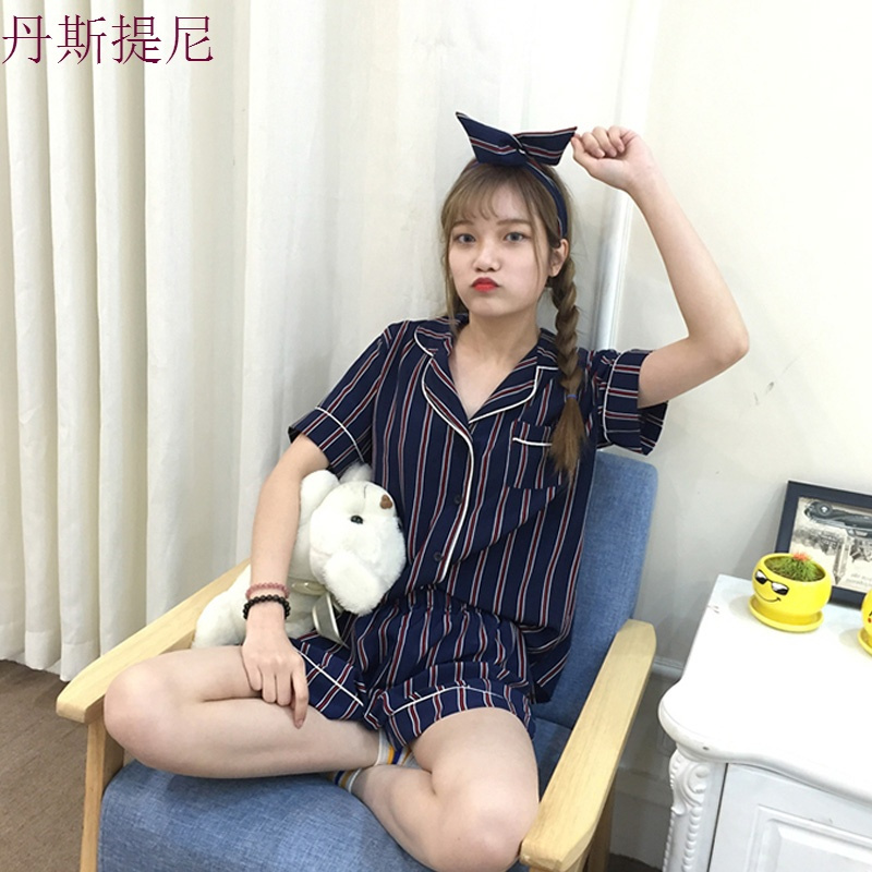 秋装韩版条纹短袖睡衣+短裤套装百搭女士家居服学生休闲两件套潮