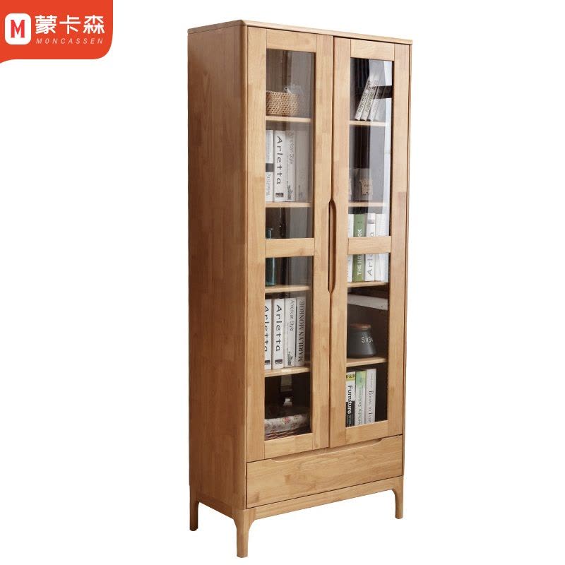蒙卡森 MONCASSEN 北欧实木置物柜原木色书柜两门玻璃储物柜/个图片