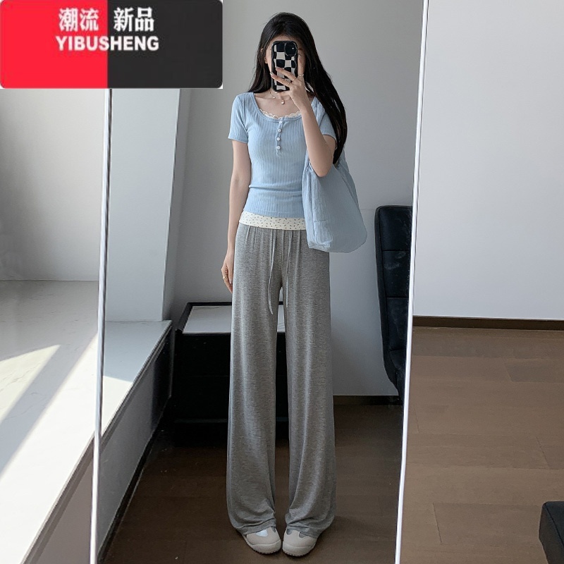 YIBUSHENG灰色莫代尔阔腿裤女季薄款2024新款高腰垂感宽松运动防晒休闲裤高清大图