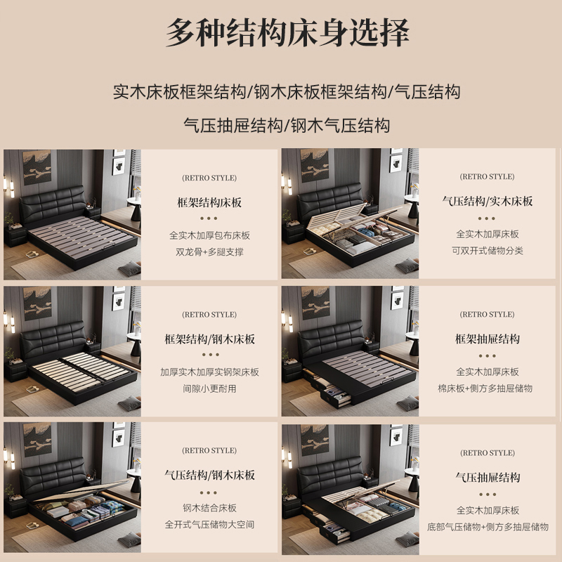意式真皮床轻奢现代简约双人床主卧室实木储物床家用软包泡芙婚床高清大图