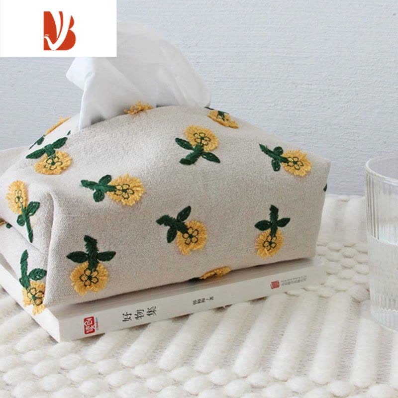 三维工匠小雏菊纸巾盒田园风茶几台式抽纸盒北欧布艺黑色蓝色长方形收纳盒 浅灰色底布白色小雏菊图片