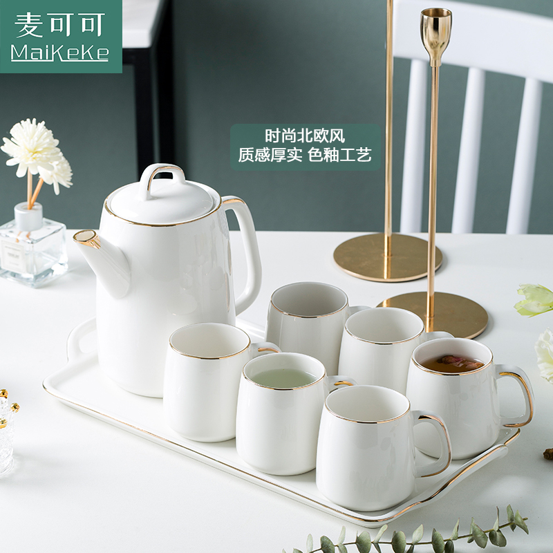 麦可可 北欧轻奢手工描金陶瓷凉水壶耐热茶具简约水具托盘套装水具家用 送礼结婚礼品礼盒(孔雀蓝一壶六杯)