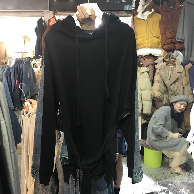 韩版学生bf宽松收腰系带牛仔拼接套头连帽卫衣女中长款潮灰色均码