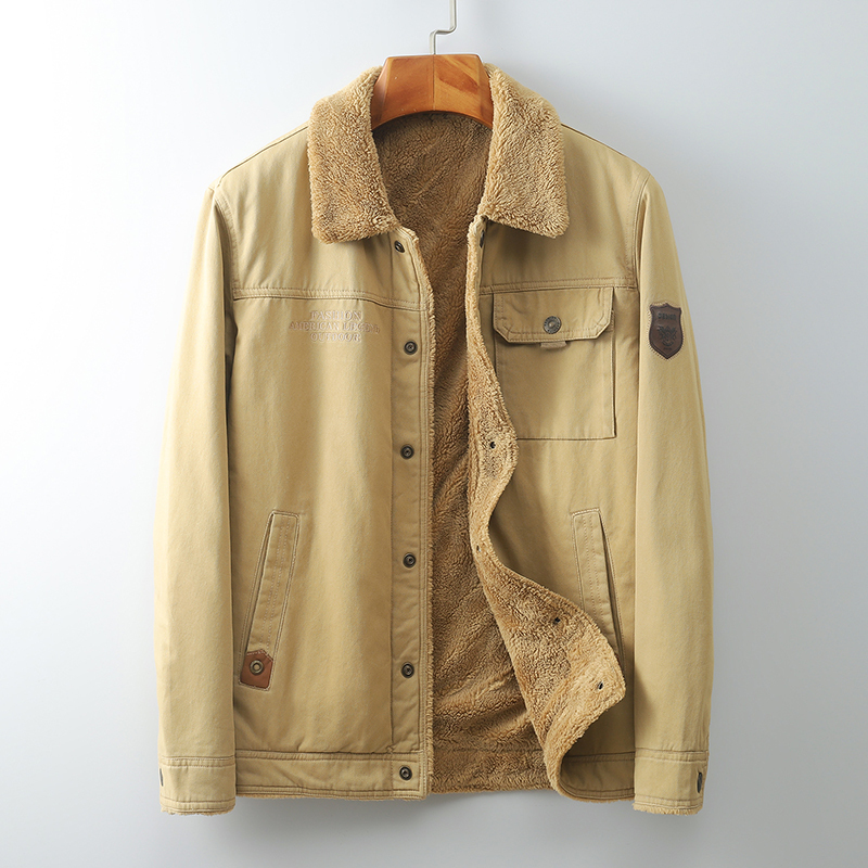 YUANSU棉衣夹克男加绒加厚羊羔毛抓绒衣飞行员日系工装袄子中年爸爸外套棉衣