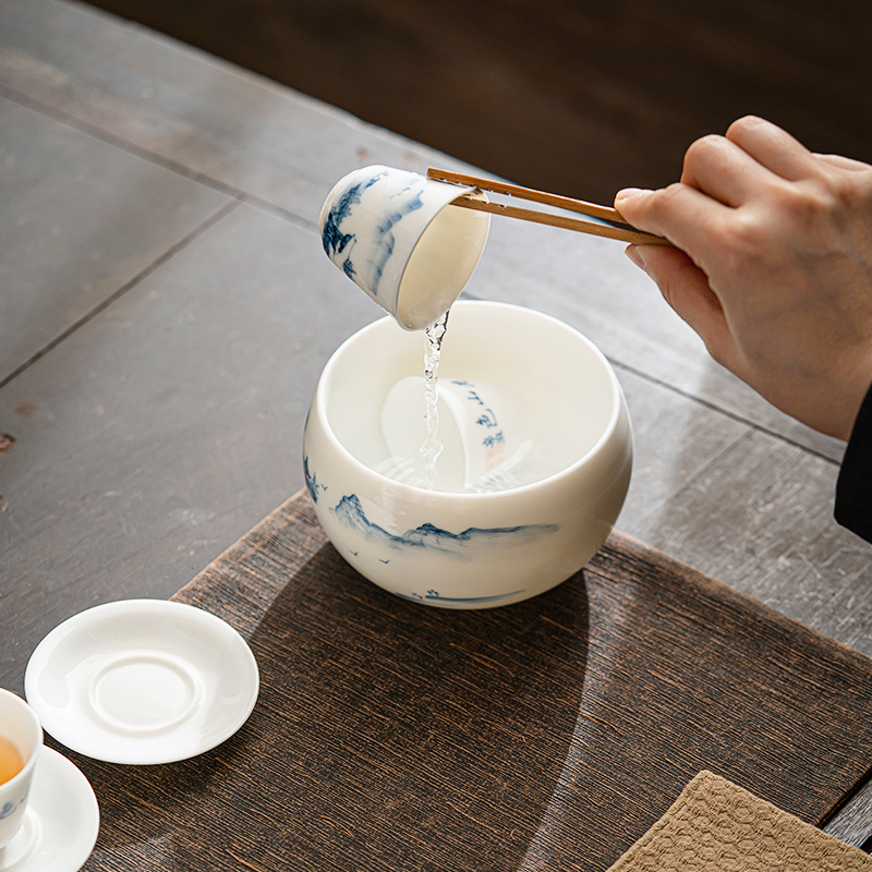 苏氏陶瓷(SUSHI CERAMICS)手绘羊脂玉茶具省级陶瓷艺术大师陈建瑞手工山水画三才盖碗礼盒装