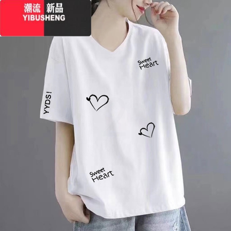 YIBUSHENG2024新款短袖V领t恤女季大码宽松胖mm显瘦外穿遮肉时尚上衣高清大图