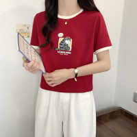 吾皇猫联名圆领短袖T恤女潮唐狮2023春夏季新款插肩袖休闲体恤x_415131 S C款/洋红