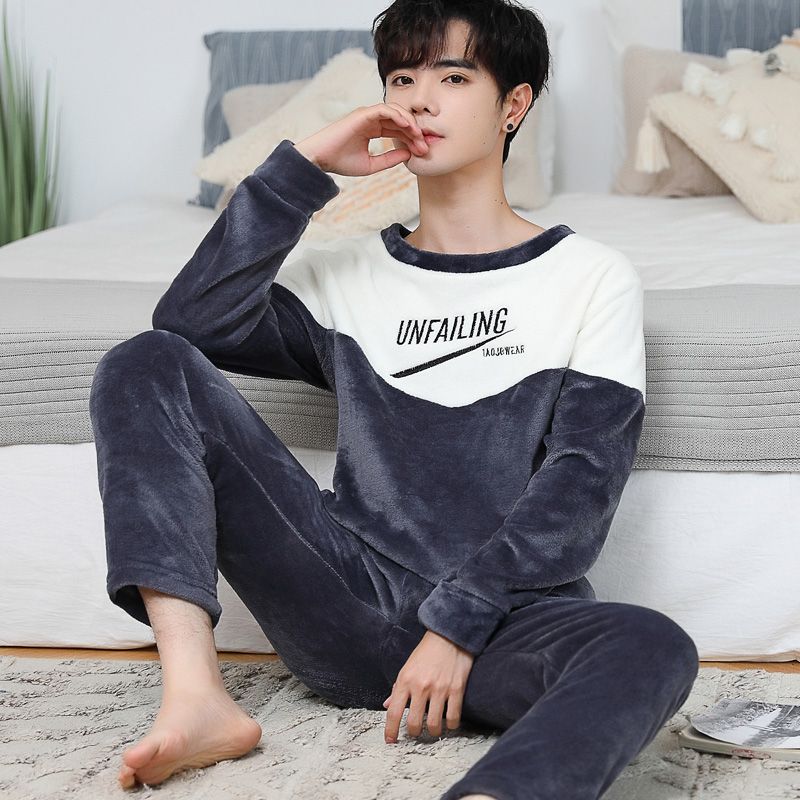 睡衣男冬季法兰绒加绒加厚高级双面绒冬款青少年男款家居服套装高清大图