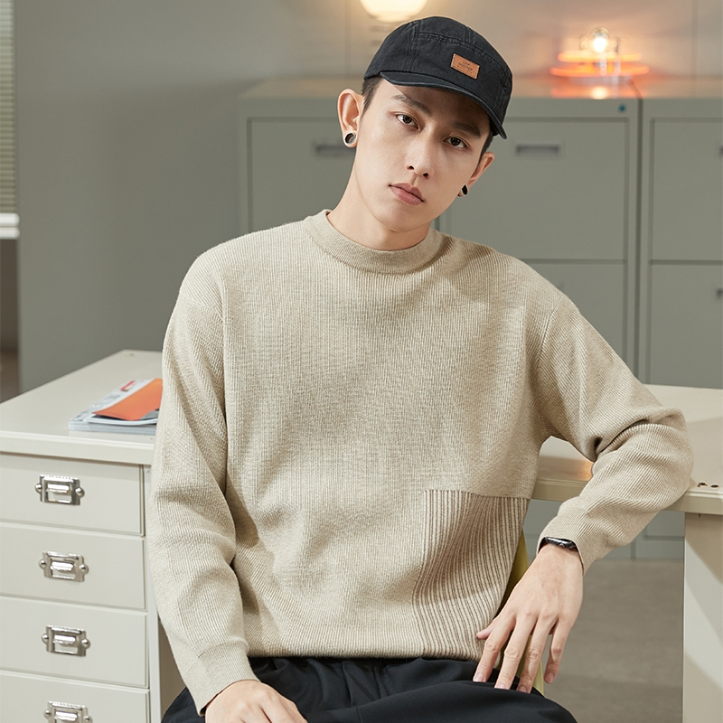 9元,叠加优惠券]唐狮冬季新款男毛衣宽松圆领拼接毛线衫外穿男士针织