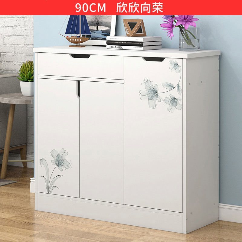 蔓斯菲尔多功能仿实木鞋柜鞋架子简易厅柜口鞋柜子木质玄关柜 90cm长 白框+欣欣向荣