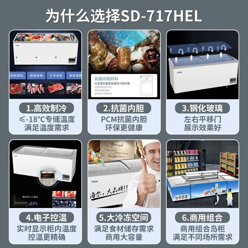 海尔(Haier)展示柜商用冰柜 全冷冻超市便利店雪糕速冻柜 电子温控卧式弧面玻璃门雪柜 717升弧面玻璃门717HEL高清大图