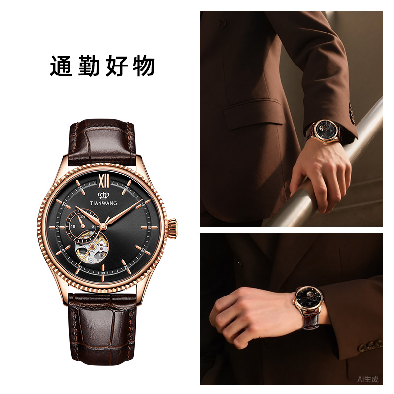 天王手表 昆仑系列男士镂空机械表商务休闲皮带男表正品防水腕表51154高清大图