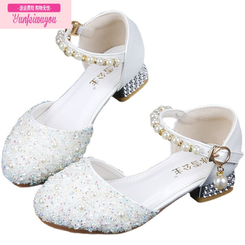 七斓女童水晶公主鞋白色儿童高跟鞋模特走秀钢琴主持配礼服演出单皮鞋