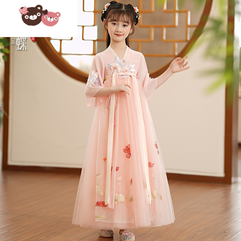 绿彩虹光汉服女童夏季薄款儿童古风唐装女孩粉色古装连衣裙子超仙飘逸
