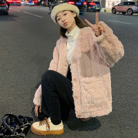 唐狮仿羊羔绒外套女v领设计感2024秋冬季新款小个子加厚毛毛上衣_113768 S 皮粉