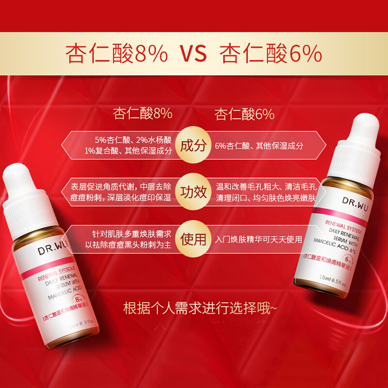 DR.WU达尔肤杏仁酸焕肤保湿套装（杏仁酸焕肤精华液8% 15ml+杏仁酸洁颜慕斯50ml+杏仁酸精华乳2ml*10）