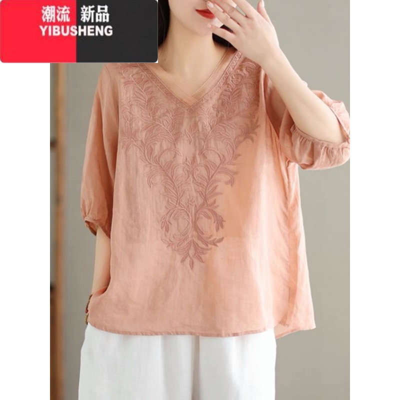 YIBUSHENG2024新款刺绣苎麻衬衫女薄款短袖t恤复古宽松大码棉麻百搭上衣高清大图