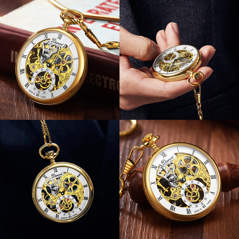 上海钻石牌怀表男机械表纪念手表9002男士镂空防水复古男士怀表送爸爸