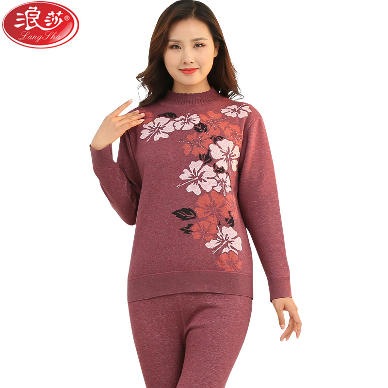 浪莎langsha女士保暖内衣秋冬季中老年加绒加厚提花中领修身加厚秋衣秋裤套装高清大图