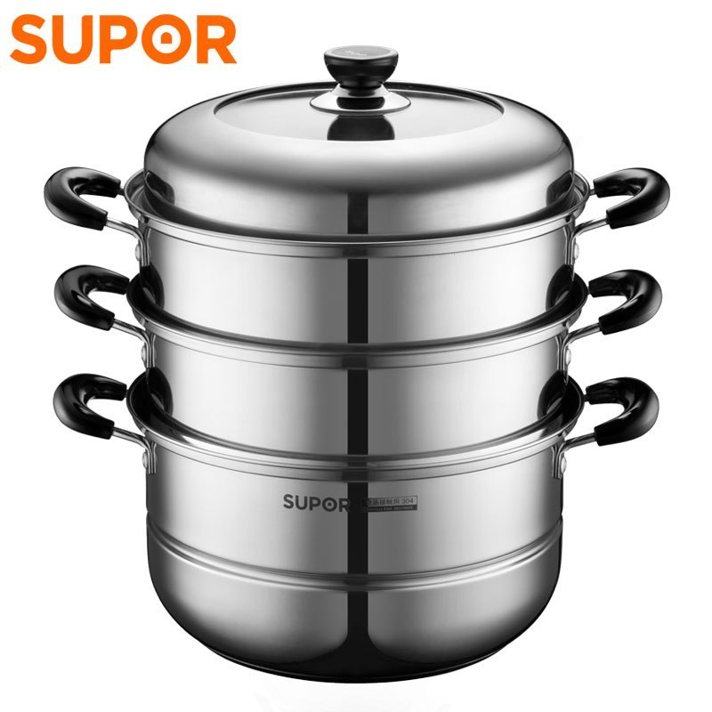 苏泊尔(SUPOR)真味鲜不锈钢三层复底蒸锅可折叠304食品级不锈钢蒸锅易清洗 EZ26BS06送隔热手套、碗碟夹或汤勺