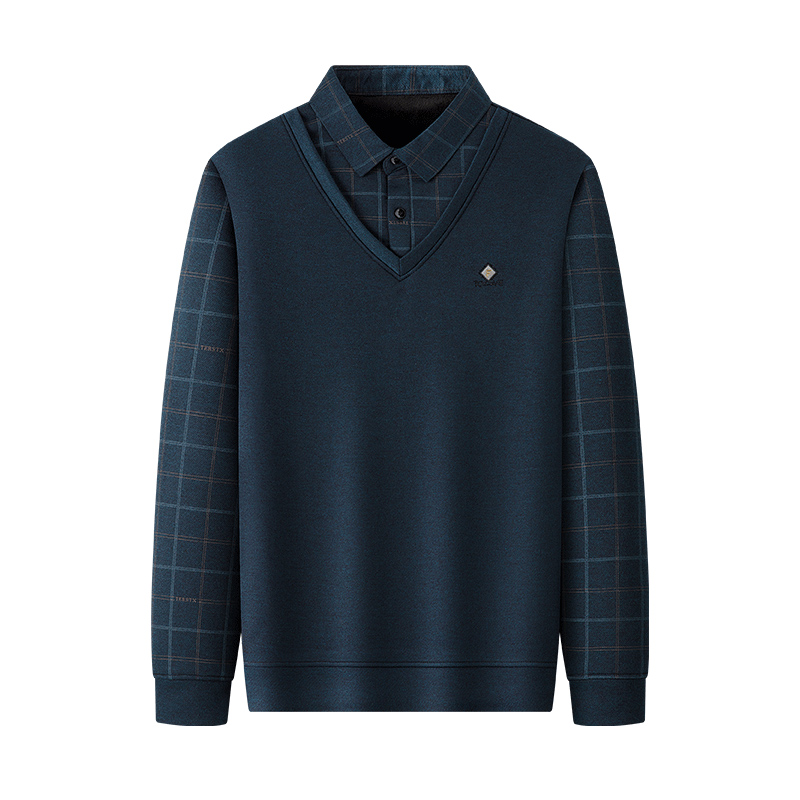 恒源祥男士假两件长袖t恤中老年爸爸卫衣秋冬打底衫加绒内搭上衣高清大图