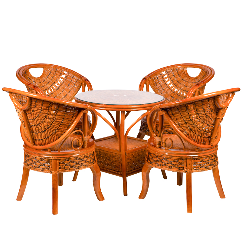 宏绮家具 藤制休闲茶几组合五件套 藤茶几五件套 休闲藤制桌椅 栗色
