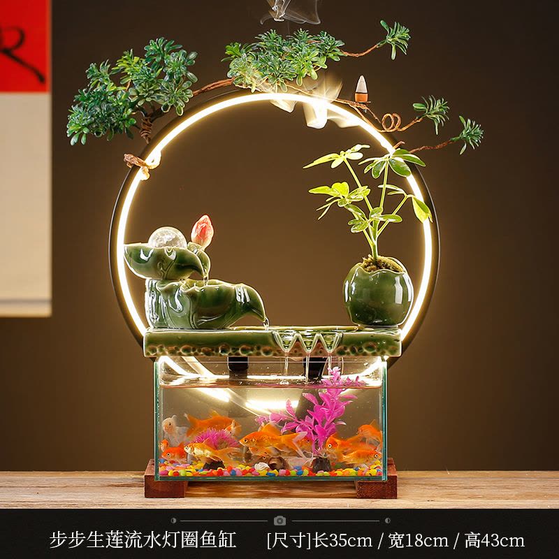 陶瓷流水生财玻璃鱼缸摆件客厅电视柜装饰轮办公开业乔迁礼品图片
