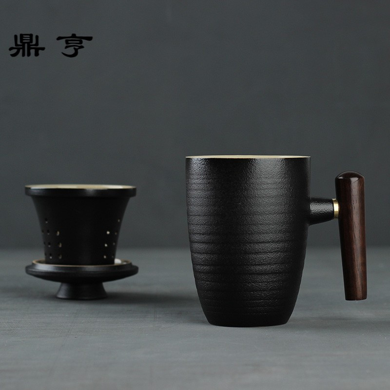 鼎亨陶瓷带盖过滤茶杯创意木把简约办公杯泡茶杯子喝茶水杯家用