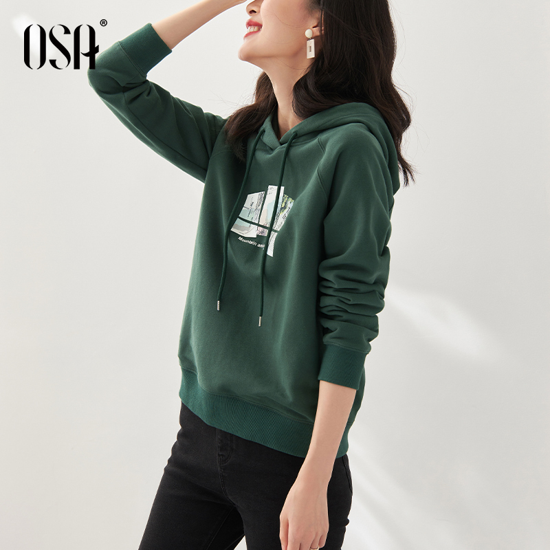OSA欧莎加厚绿色连帽卫衣女2021年新款潮ins早秋装设计感小众上衣