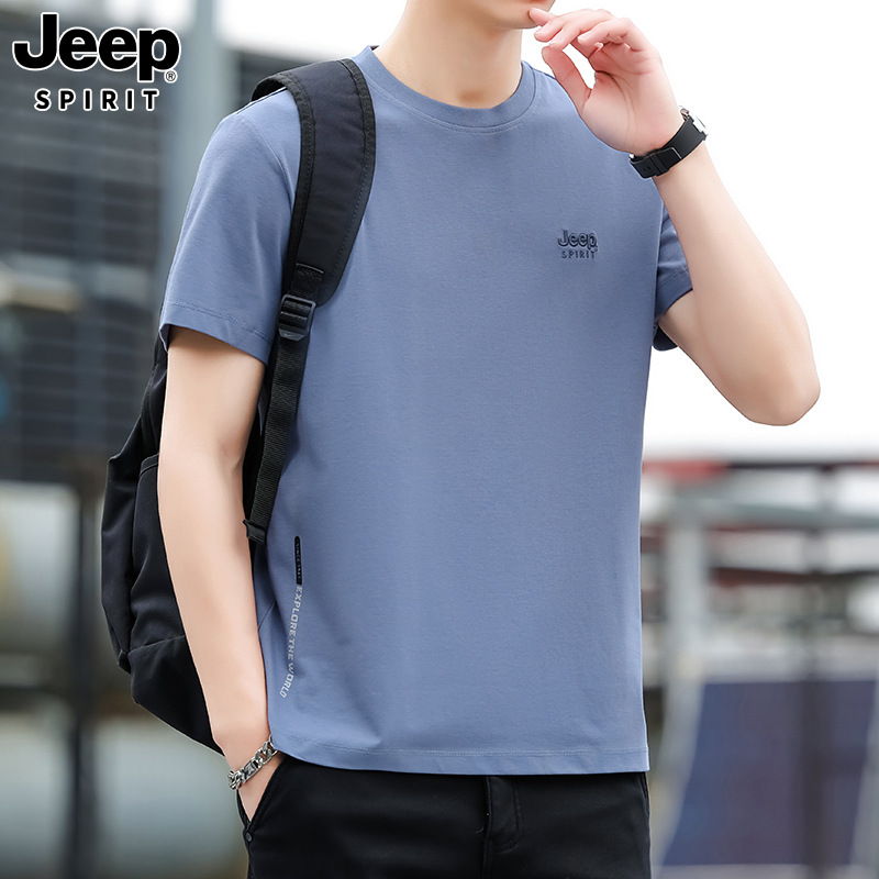 JEEPSPIRIT吉普男士T恤刺绣圆领短袖宽松潮流印花上衣 M 牛蓝