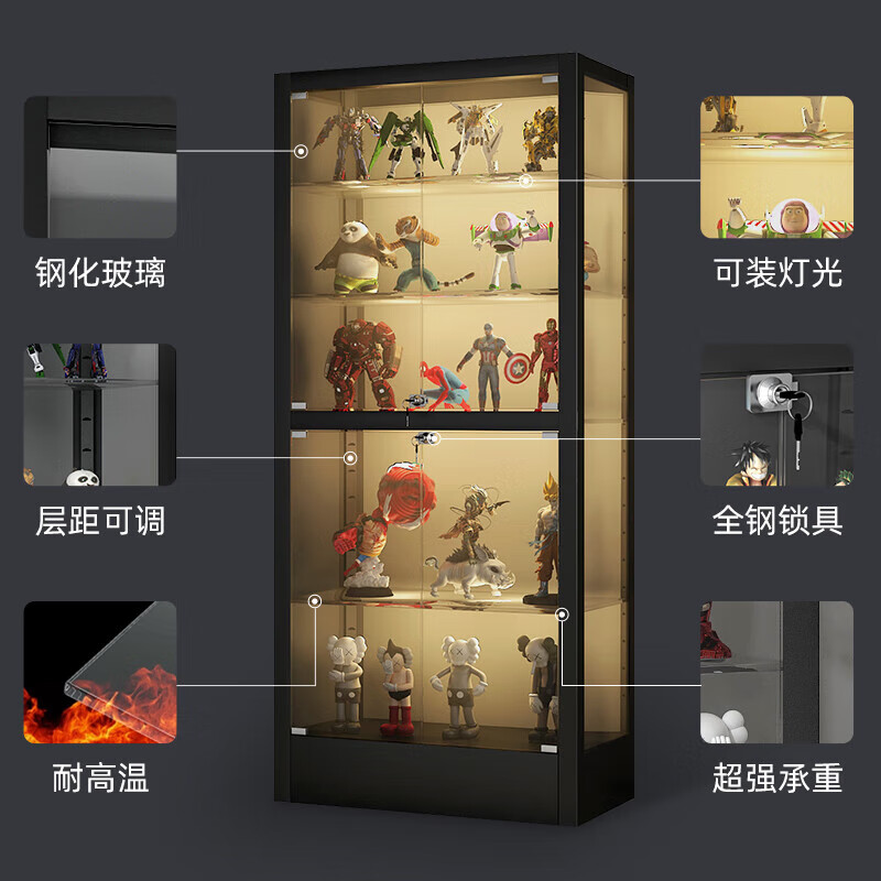 晋舰手办展示柜玩具模型展示架带灯玻璃柜子黑色单门五层50*50*180cm高清大图