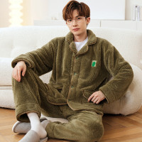 浪莎睡衣男士珊瑚绒秋冬季加绒加厚开衫翻领家居服可外穿简约两件套装