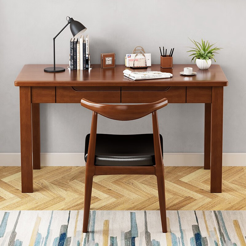 科野 电脑桌台式家用实木书桌写字台中学生学习书房卧室现代简约桌子可定制 单书桌胡桃色1400*550*750双抽屉高清大图