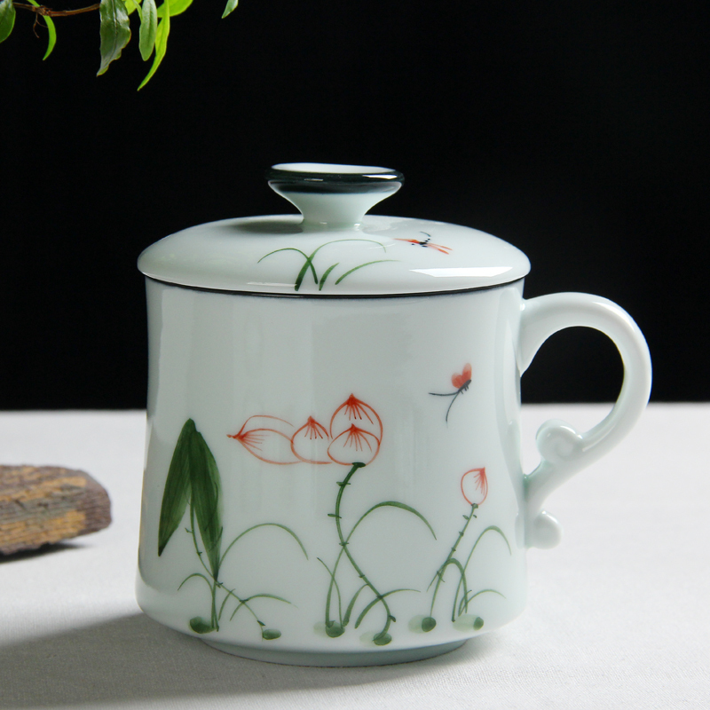 景德镇手绘茶杯陶瓷带盖过滤办公杯陶瓷茶杯过滤功夫茶杯个人茶杯手绘