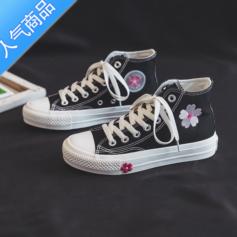 SUNTEK香港ZP高帮帆布鞋花朵女鞋秋季新款百搭平底单鞋日系小白鞋高清大图