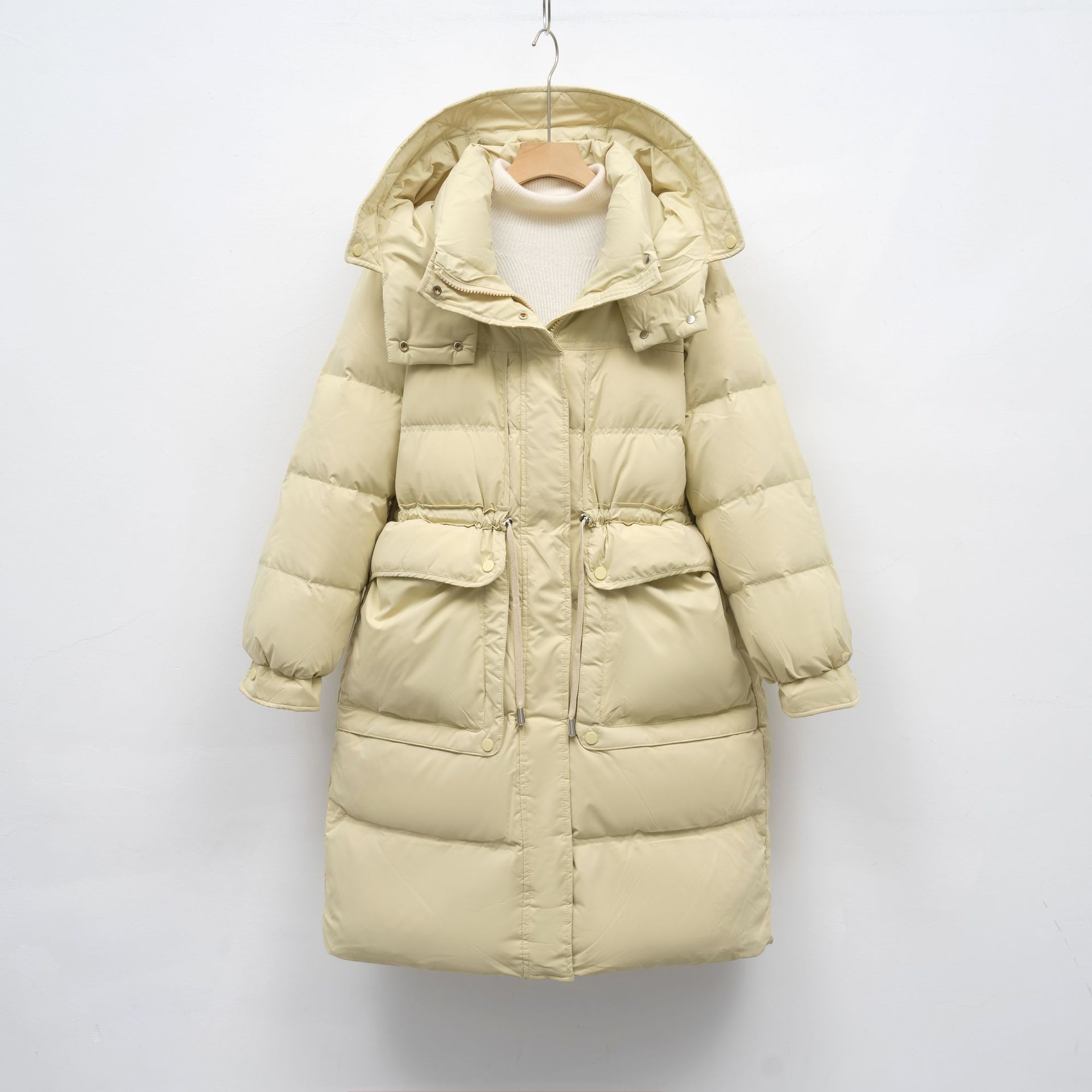 冬季中长款韩版宽松白鸭绒时尚外套收腰保暖连帽羽绒服女 豆绿色 M